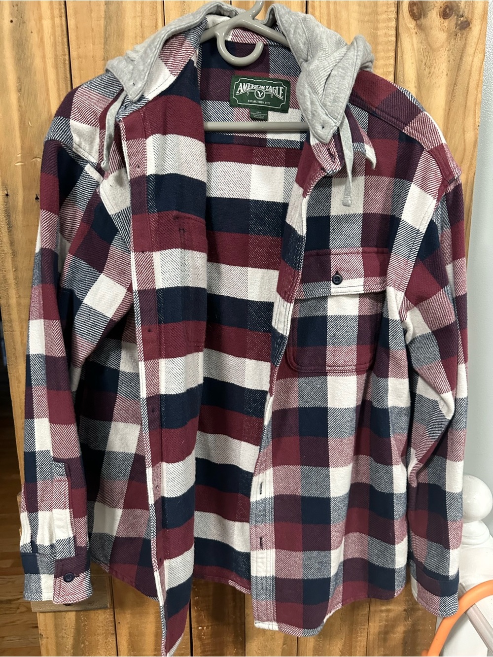 American Eagle Hooded Flannel Shirt Jacket - Burgundy Navy Gray size L